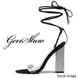 GENSHUO Women's Strappy Rhinestone Chunky Sandals Lace-up Heels Open Toe Size 10